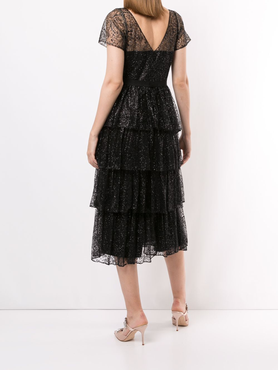 marchesa notte shimmer midi dress Short Sleeve Tiered Glitter Midi Dress