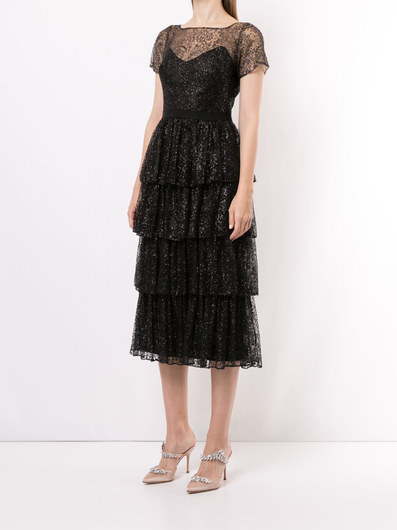 Short Sleeve Tiered Glitter Dress Marchesa