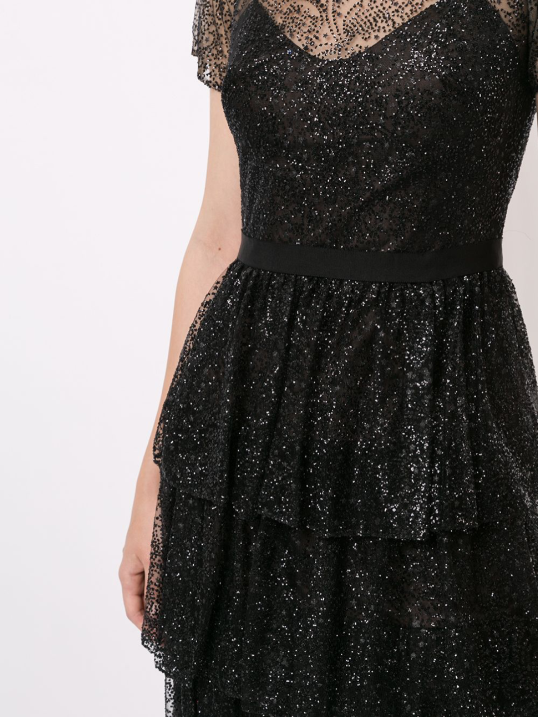 marchesa notte shimmer midi dress Short Sleeve Tiered Glitter Midi Dress