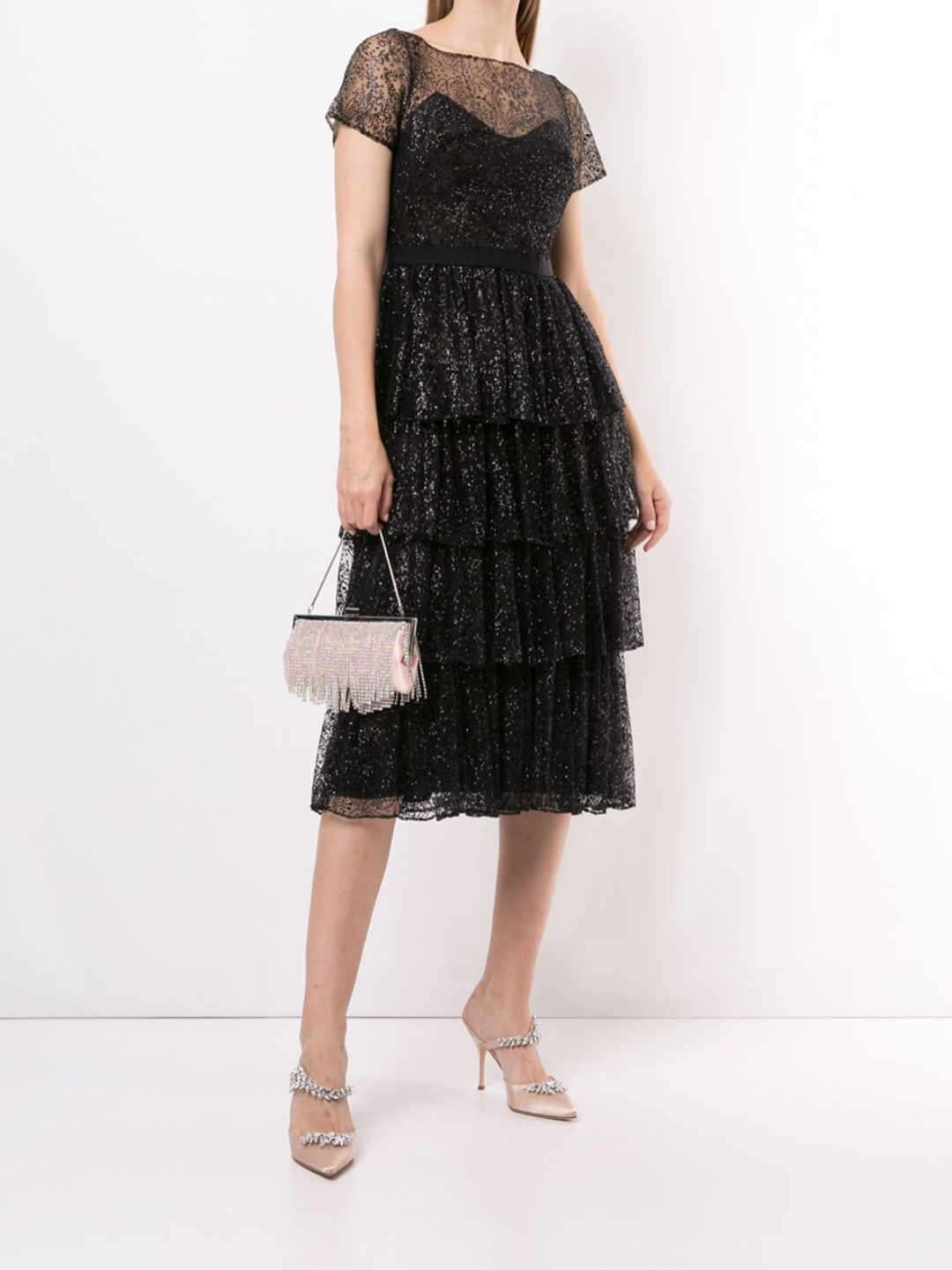 Short Sleeve Tiered Glitter Midi Dress