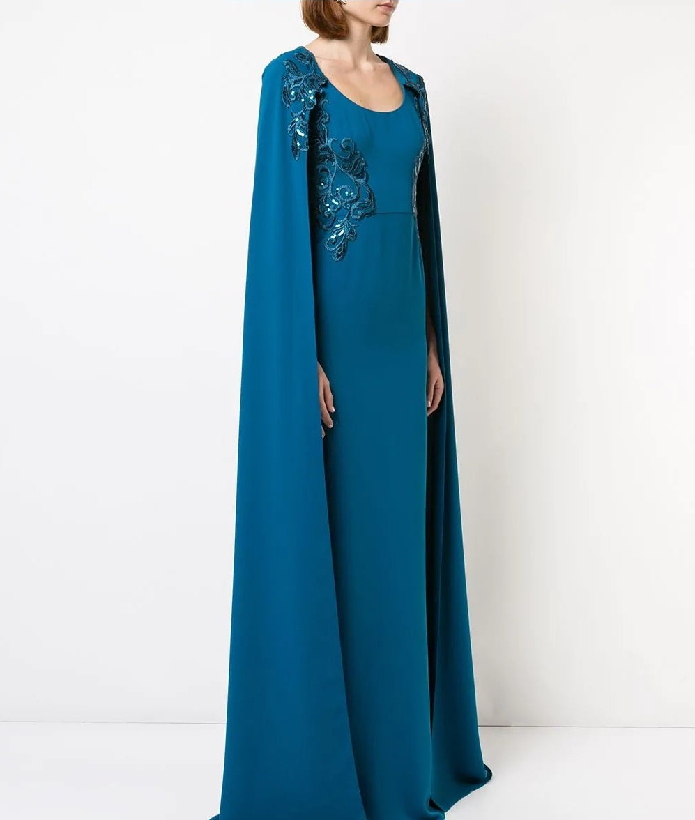 Crepe Caped Gown with Embroidery Marchesa