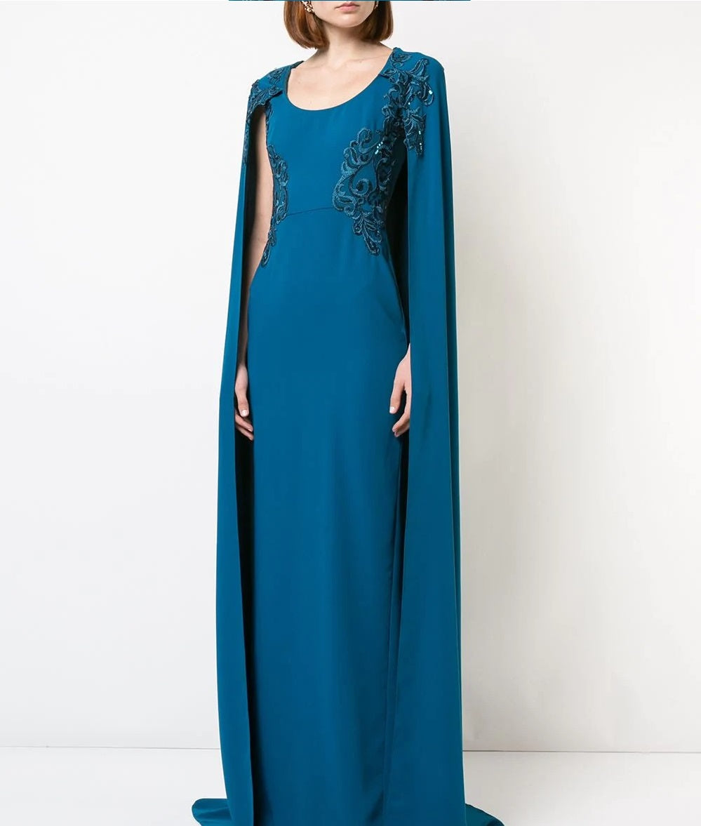 Crepe Caped Gown with Embroidery Marchesa