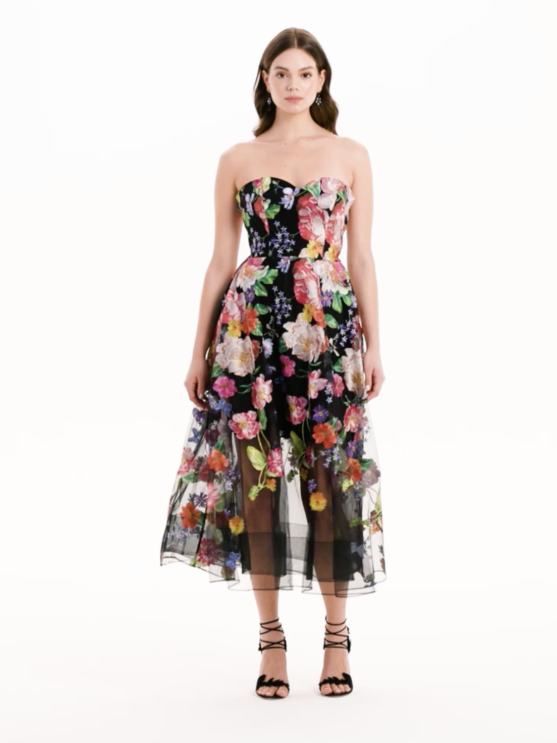 Embroidered Strapless Tea Length Dress
