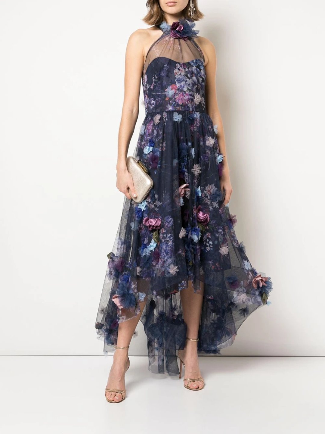 3D Floral Shirred Halter Dress Marchesa