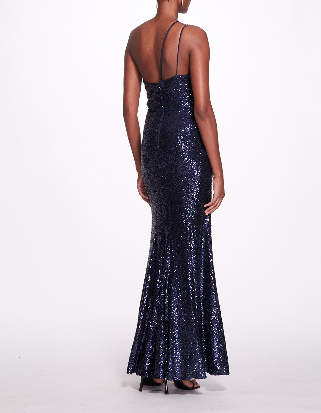 Midnight Blue Sequin One Shoulder Double Strap Gown with Low Back ...
