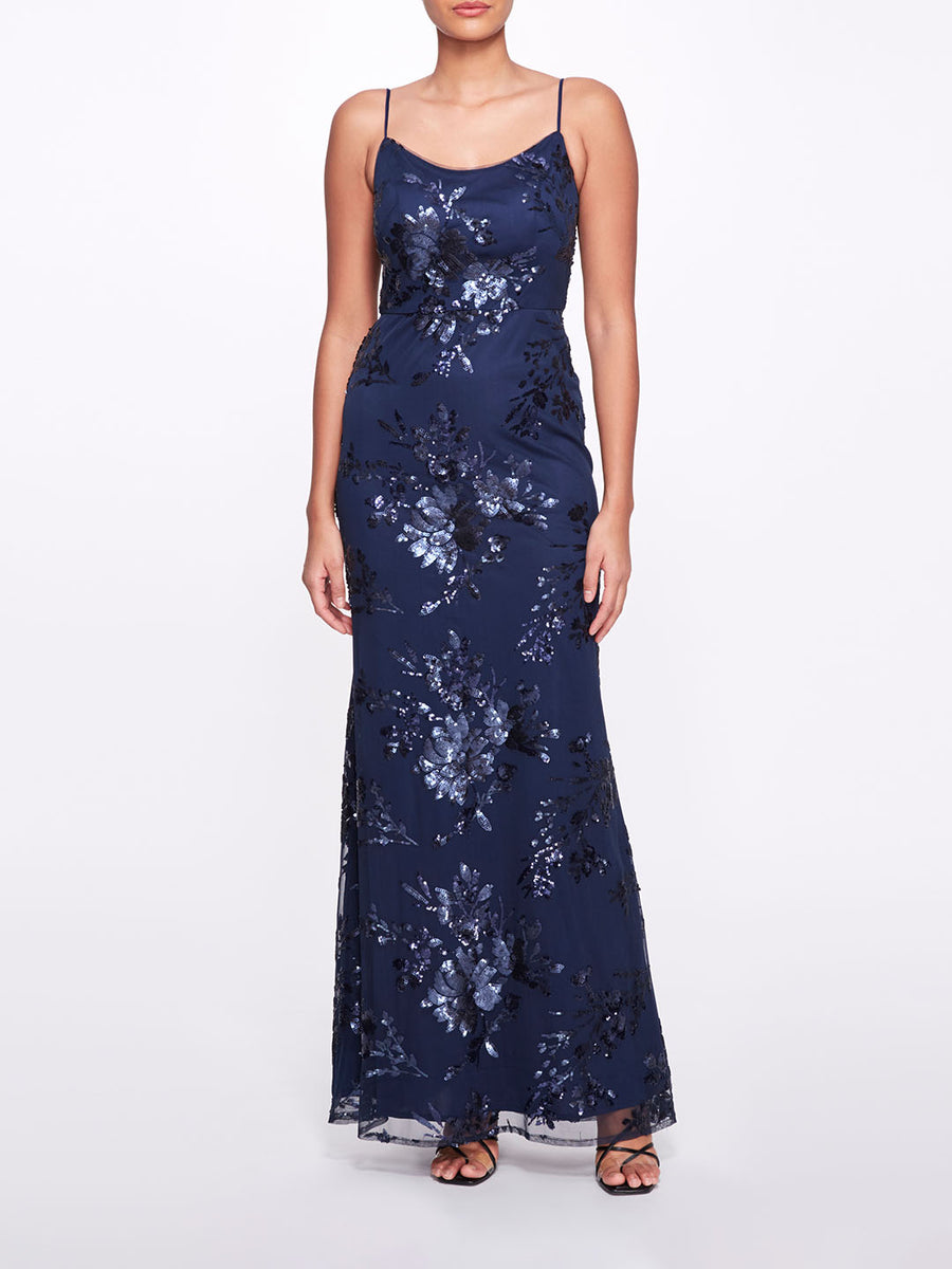 Navy Blue Floral Printed Sequined Fitted Gown – Marchesa