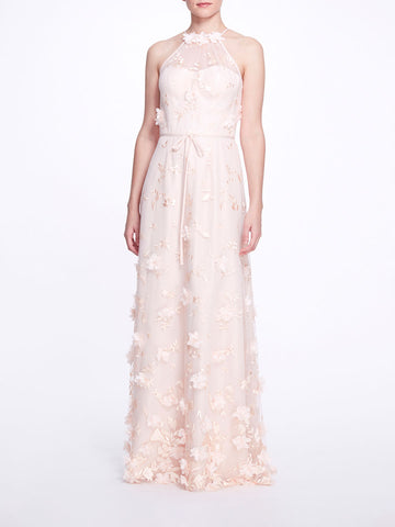 Blush Pink Sheer Halter Neck Gown with Floral Appliques – Marchesa