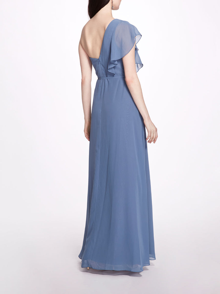Slate Blue One Shoulder Ruffle Chiffon Gown with Waist Tie – Marchesa