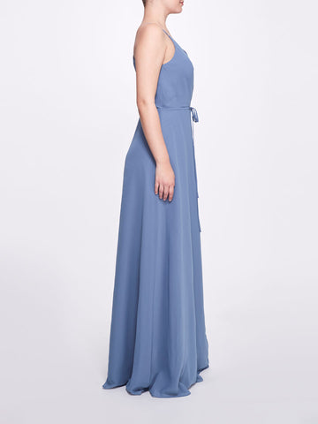Slate Blue Chiffon V-Neck Gown with Open Back and Waist Tie – Marchesa