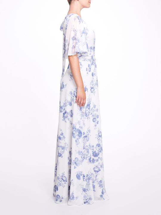 Light Blue Floral Wrap Gown with Short Flutter Sleeves – Marchesa
