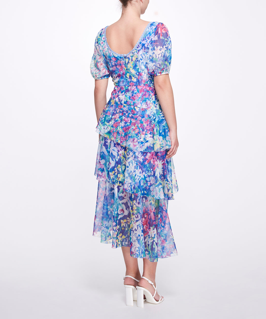 Sweetheart Neckline Cattleya Printed Chiffon Tiered Dress Marchesa