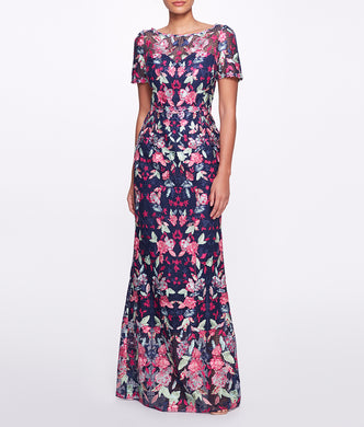 Short Sleeve Embroidered Tulle Gown Marchesa