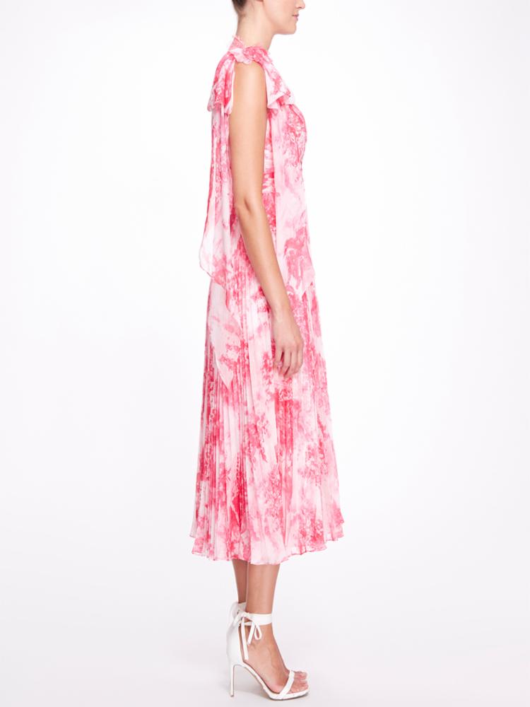One Shoulder Printed Chiffon Pleated Gown Marchesa
