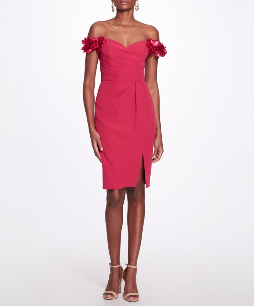 Off Shoulder Draped 4-way Stretch Cocktail With 3d - FUCHSIA | Marchesa