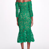 Off Shoulder Scalloped Emerald Lace Gown | Marchesa