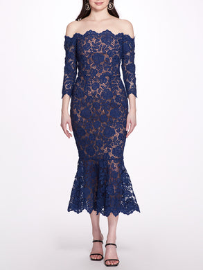 Fit to Flare Blue Lace Gown | Marchesa