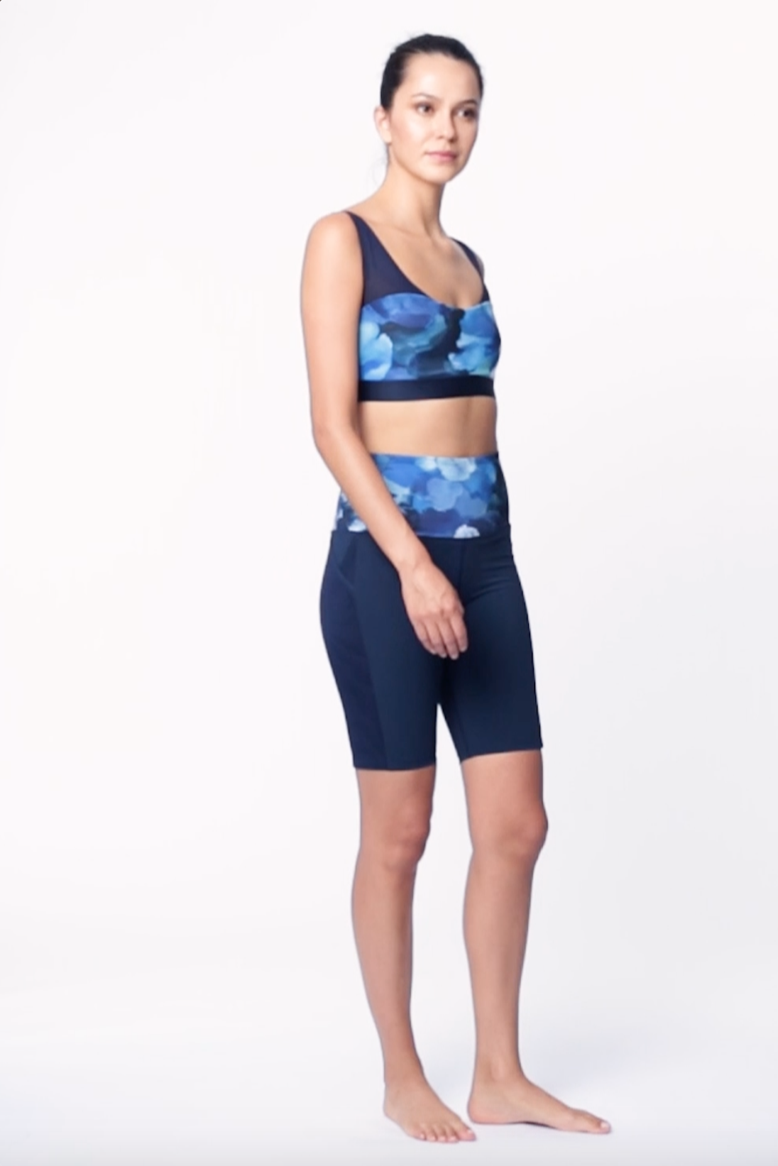Navy Blue Floral Print Sports Bra with Mesh – Marchesa