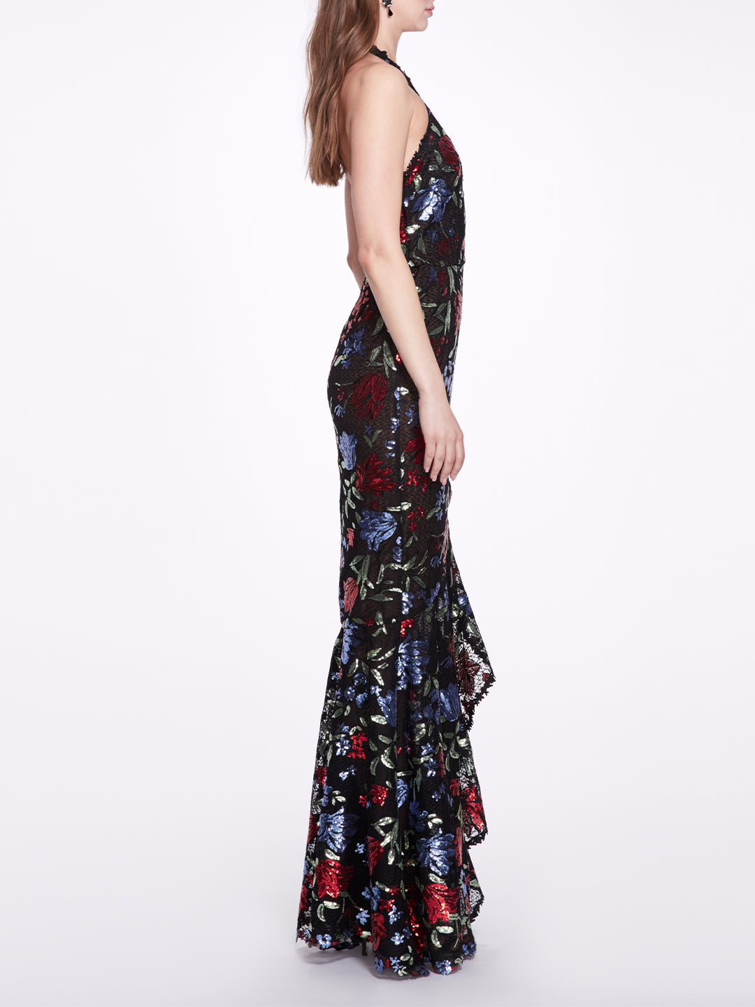 Sleeveless Halter Embroidered Sequin Gown | Marchesa