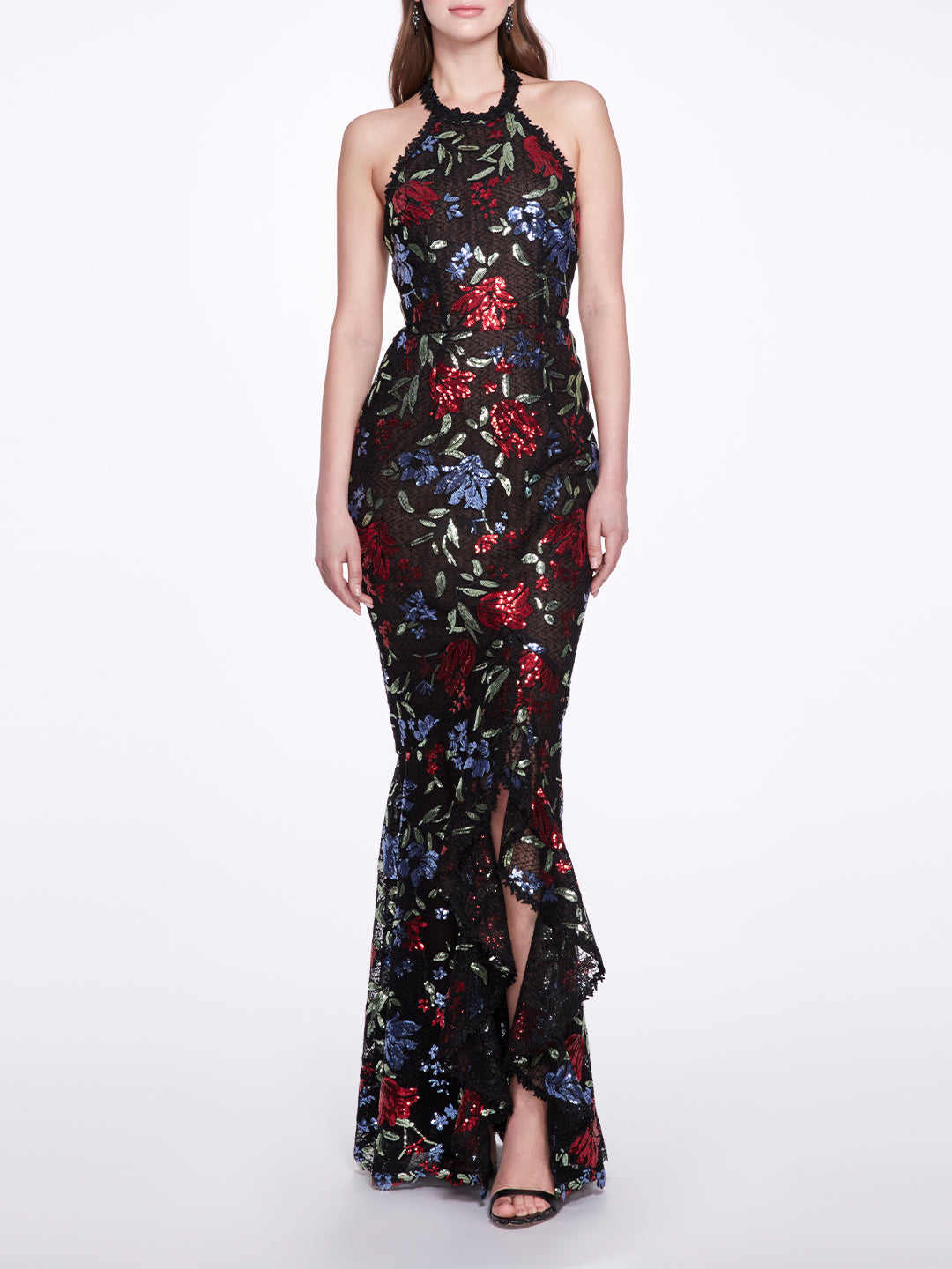 Sleeveless Halter Embroidered Sequin Gown | Marchesa