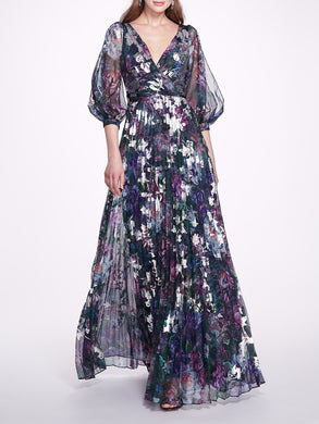 Pleated Printed Chiffon Gown | Marchesa